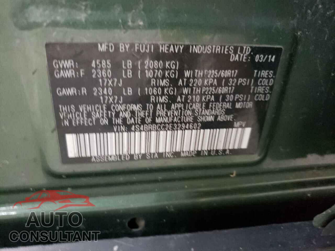 SUBARU OUTBACK 2014 - 4S4BRBCC2E3294602