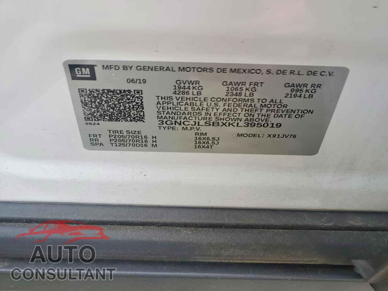 CHEVROLET TRAX 2019 - 3GNCJLSBXKL395019