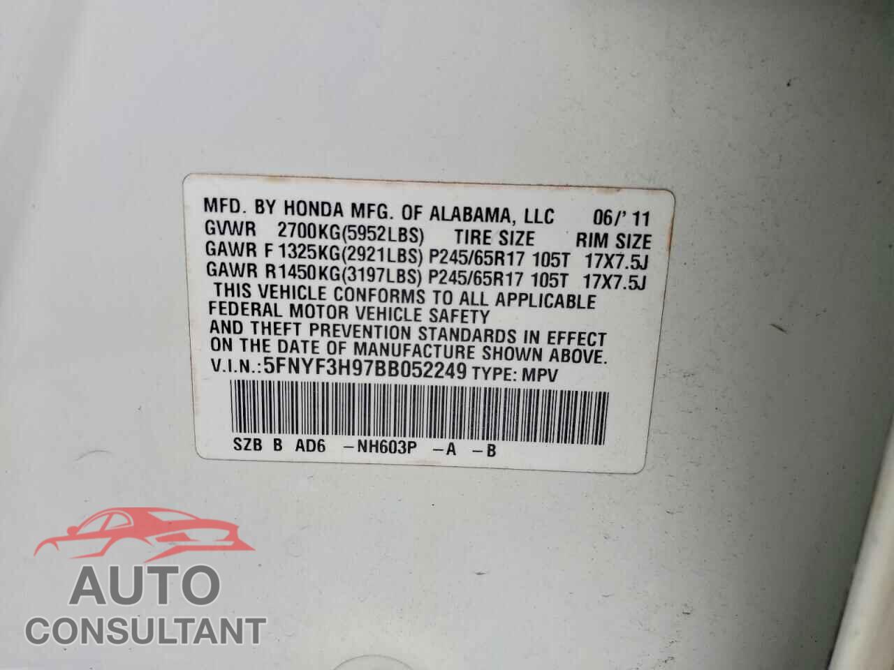 HONDA PILOT 2011 - 5FNYF3H97BB052249