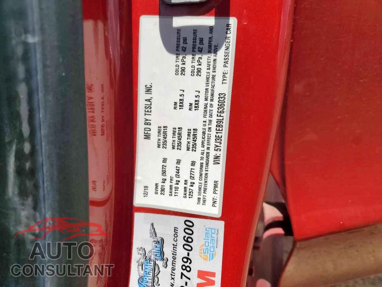 TESLA MODEL 3 2020 - 5YJ3E1EB9LF636033