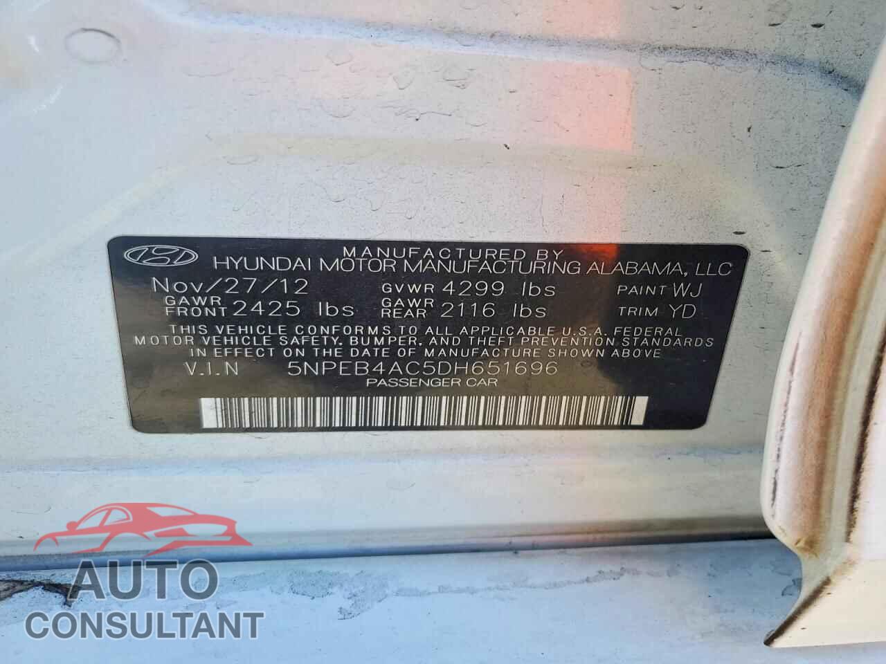 HYUNDAI SONATA 2013 - 5NPEB4AC5DH651696