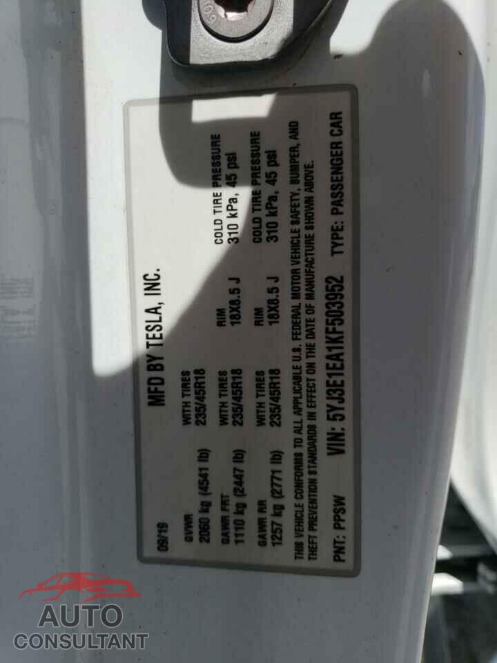 TESLA MODEL 3 2019 - 5YJ3E1EA1KF503952