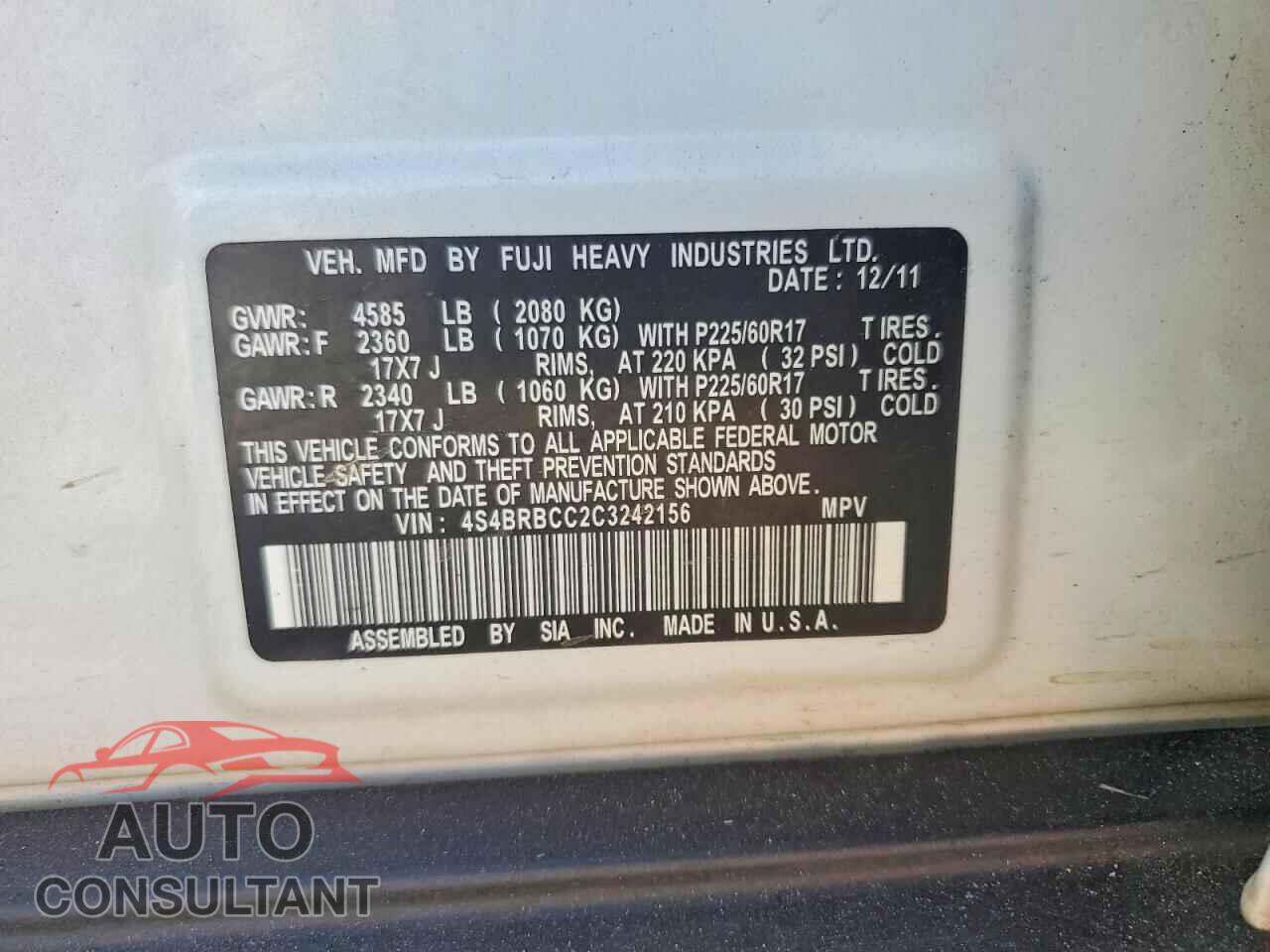 SUBARU OUTBACK 2012 - 4S4BRBCC2C3242156