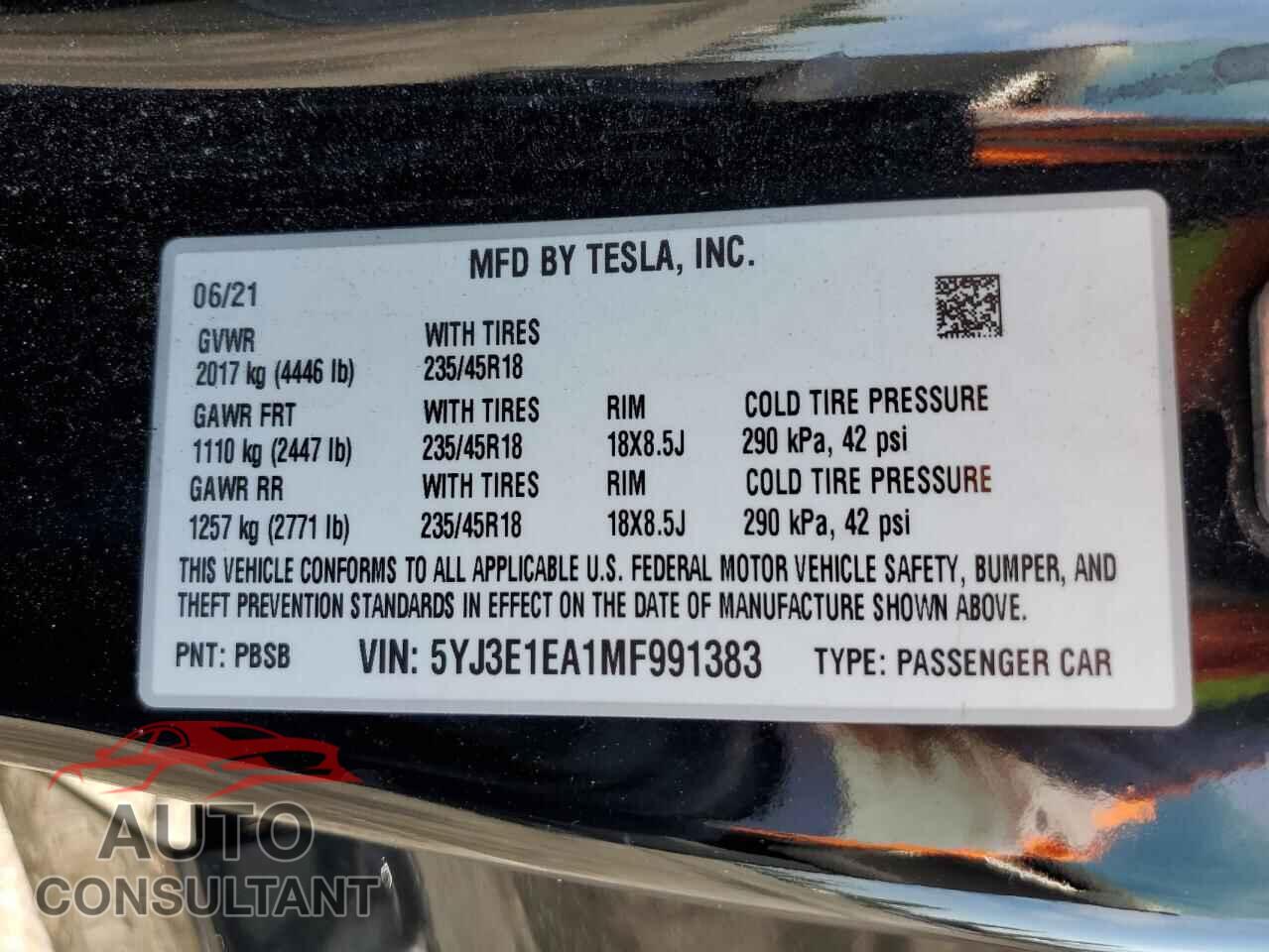 TESLA MODEL 3 2021 - 5YJ3E1EA1MF991383
