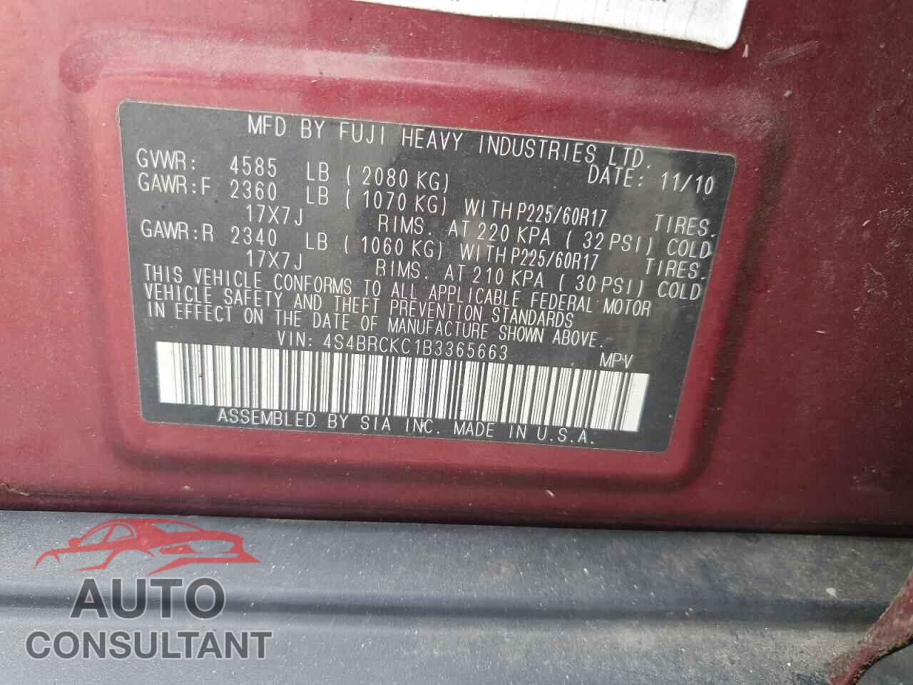 SUBARU OUTBACK 2011 - 4S4BRCKC1B3365663