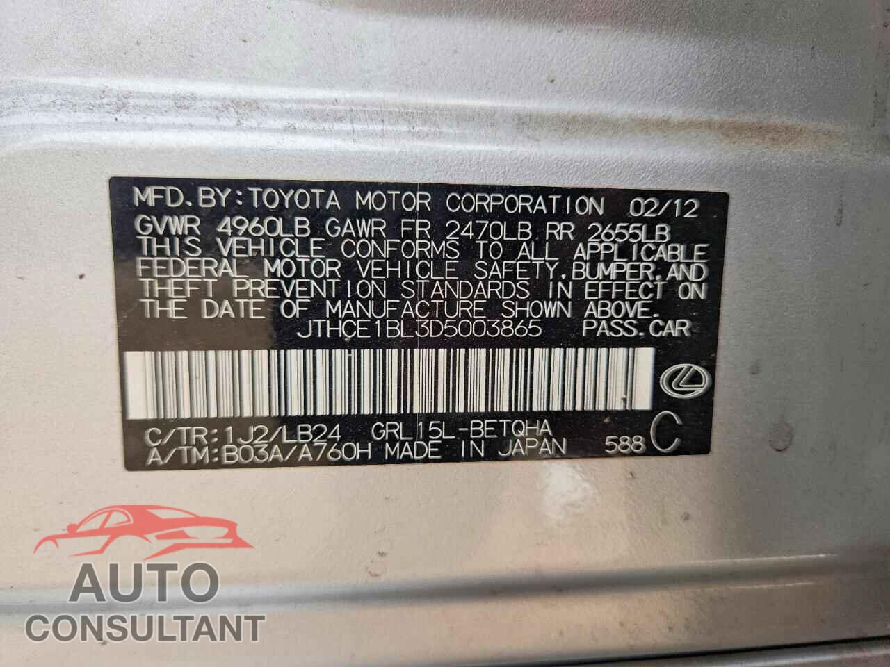 LEXUS GS350 2013 - JTHCE1BL3D5003865