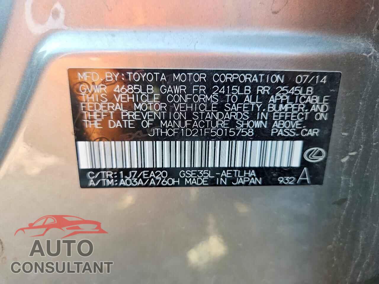 LEXUS IS 2015 - JTHCF1D21F5015758