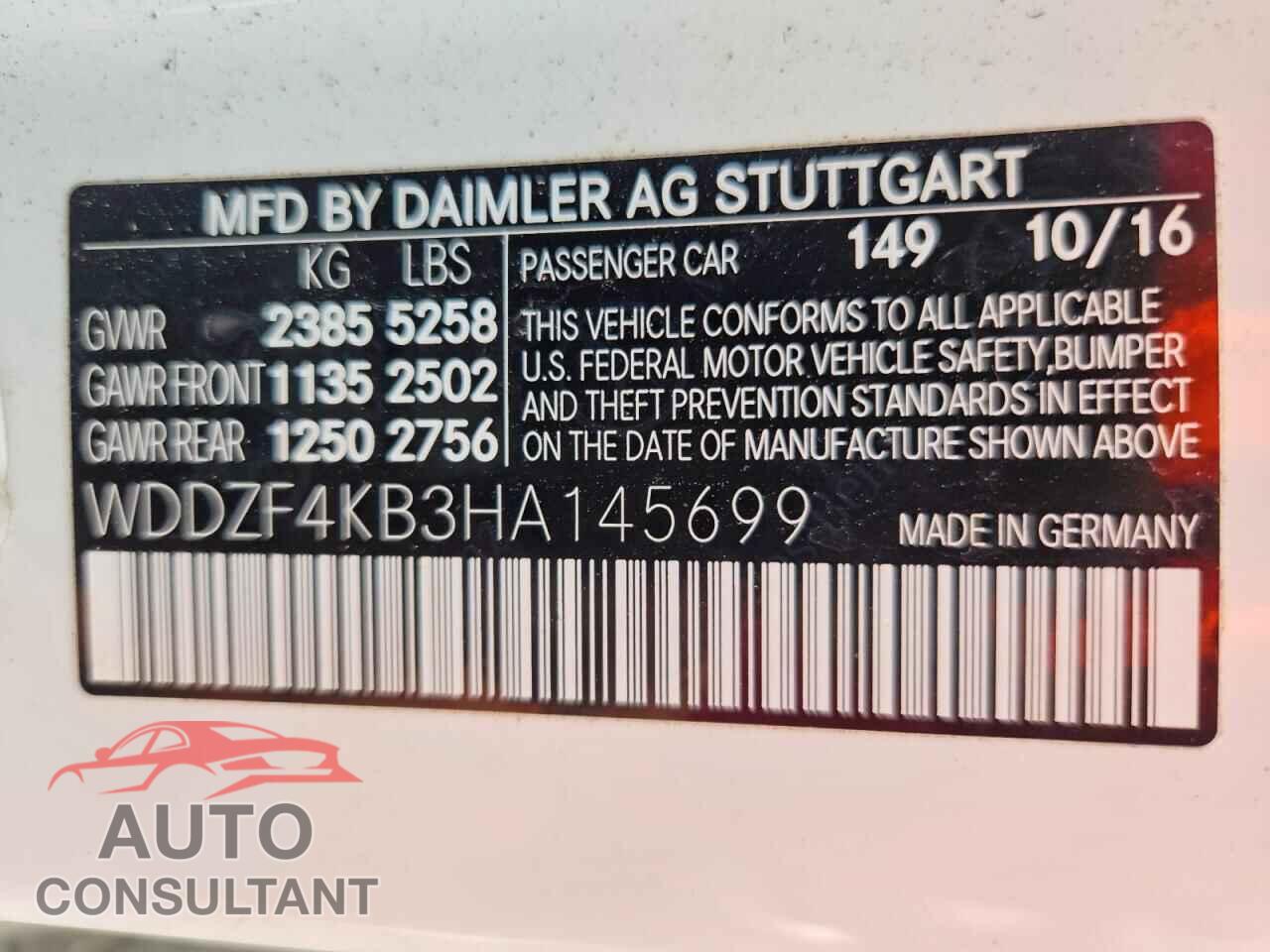 MERCEDES-BENZ E-CLASS 2017 - WDDZF4KB3HA145699