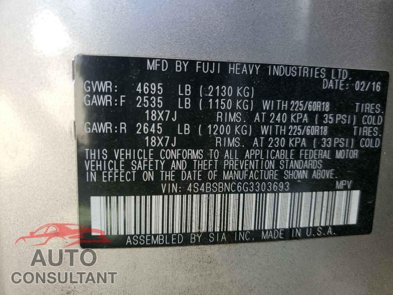 SUBARU OUTBACK 2016 - 4S4BSBNC6G3303693
