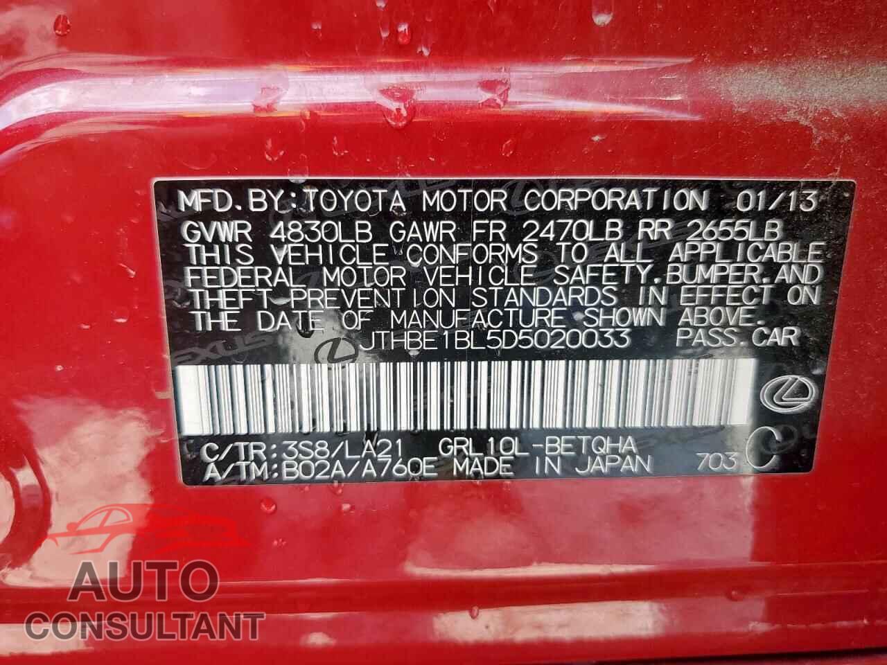 LEXUS GS350 2013 - JTHBE1BL5D5020033
