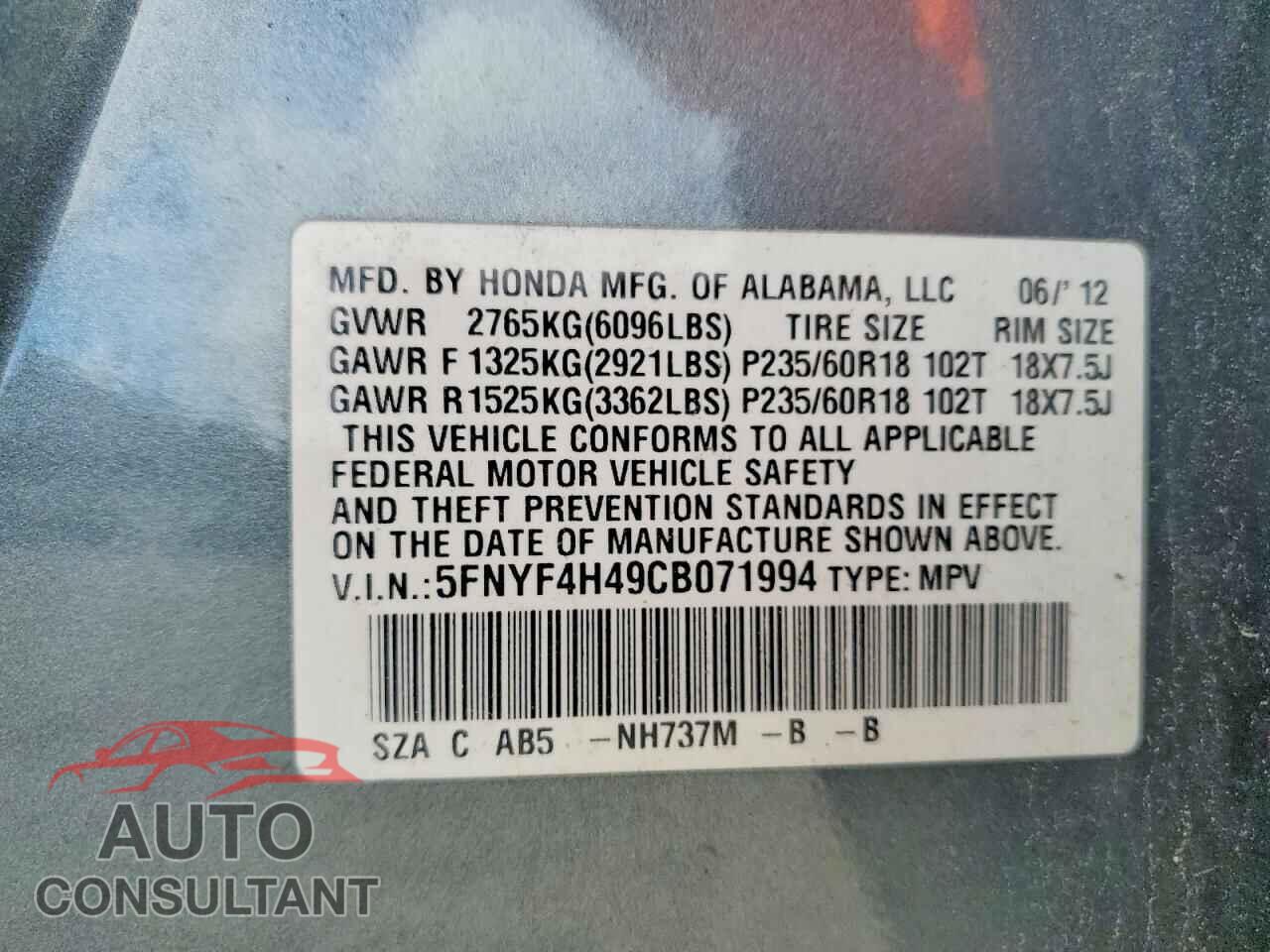 HONDA PILOT 2012 - 5FNYF4H49CB071994