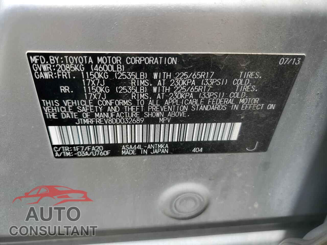 TOYOTA RAV4 2013 - JTMRFREV8DD032689