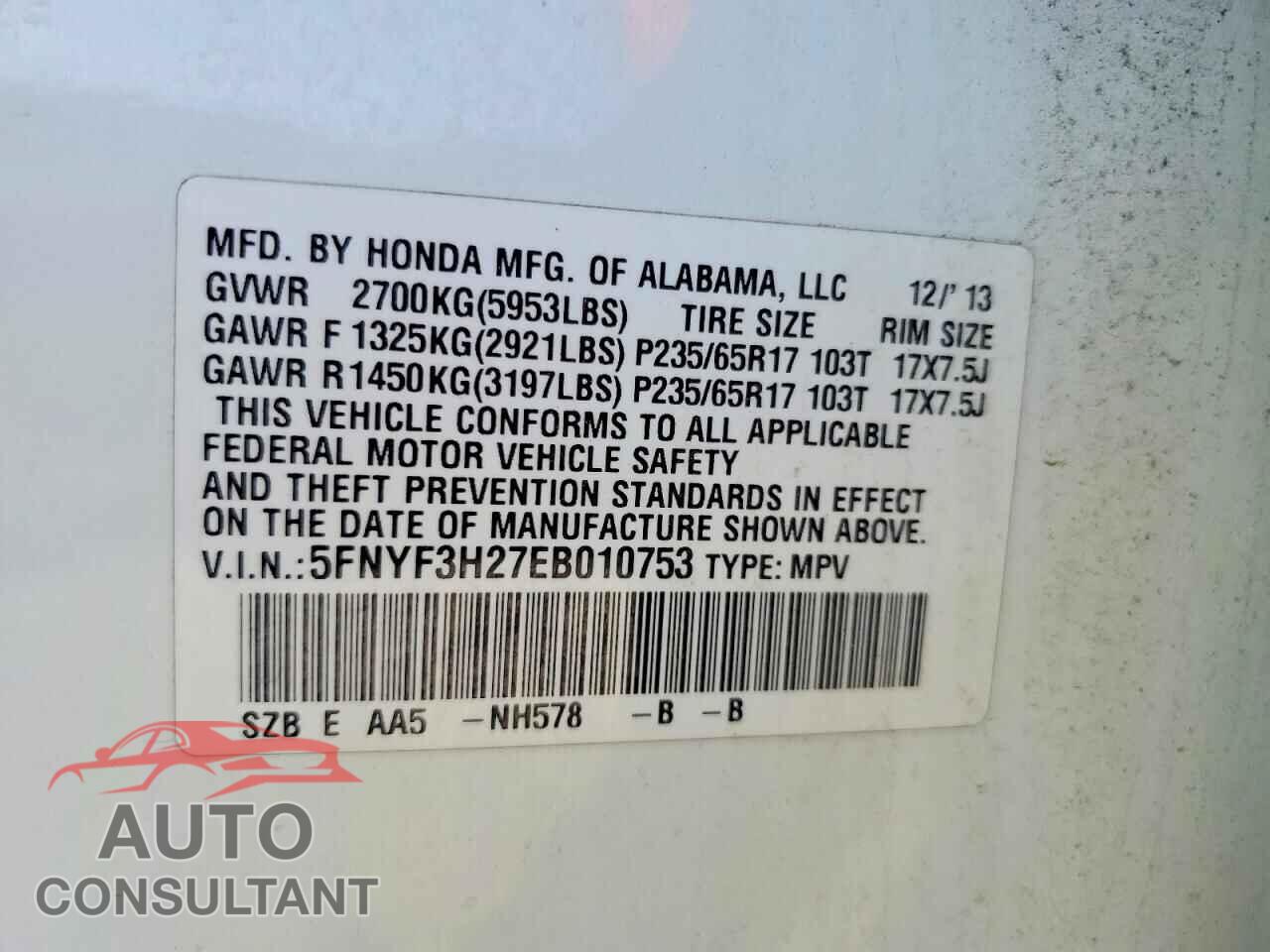HONDA PILOT 2014 - 5FNYF3H27EB010753