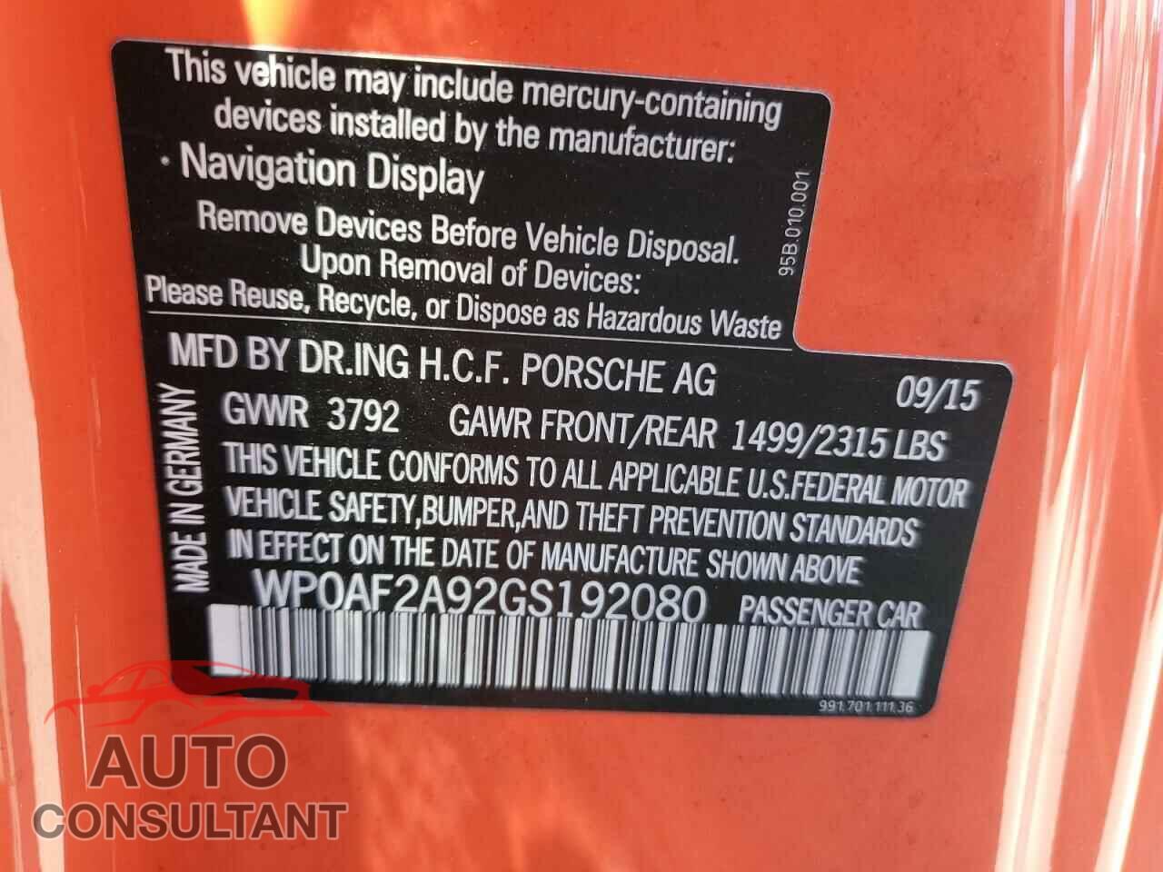 PORSCHE 911 2016 - WP0AF2A92GS192080