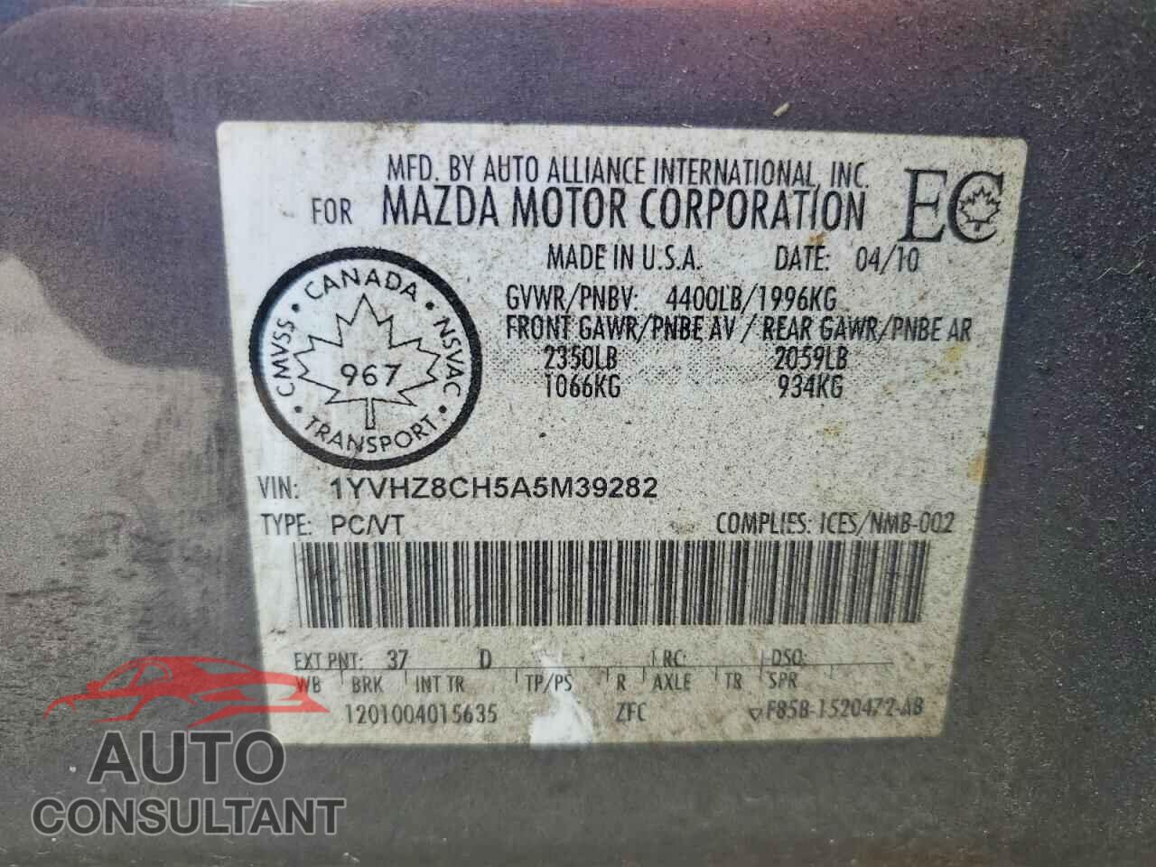 MAZDA 6 2010 - 1YVHZ8CH5A5M39282