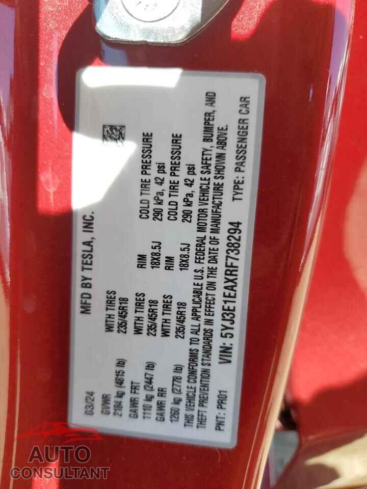 TESLA MODEL 3 2024 - 5YJ3E1EAXRF738294