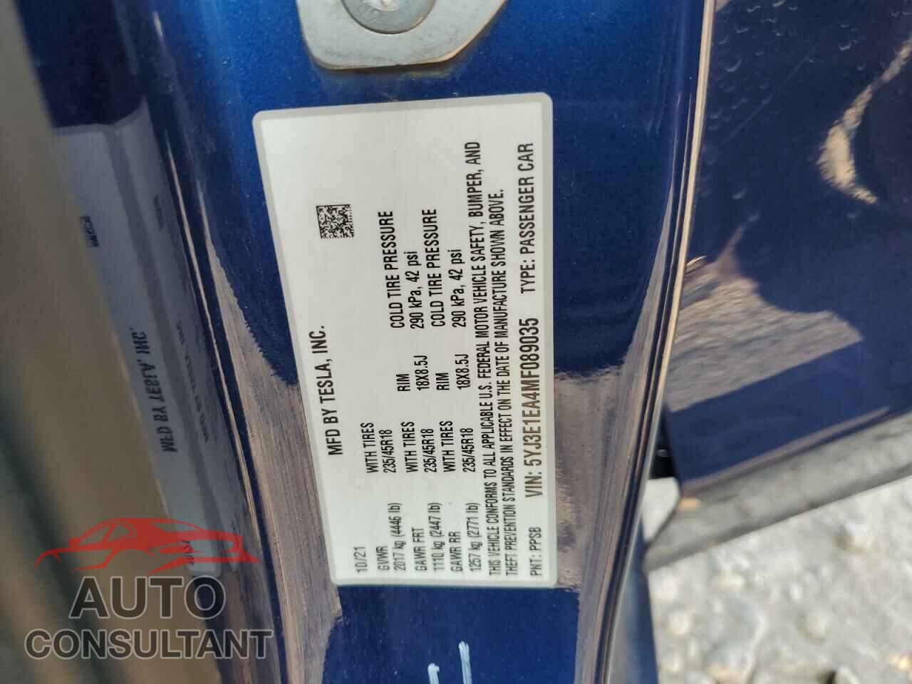 TESLA MODEL 3 2021 - 5YJ3E1EA4MF089035