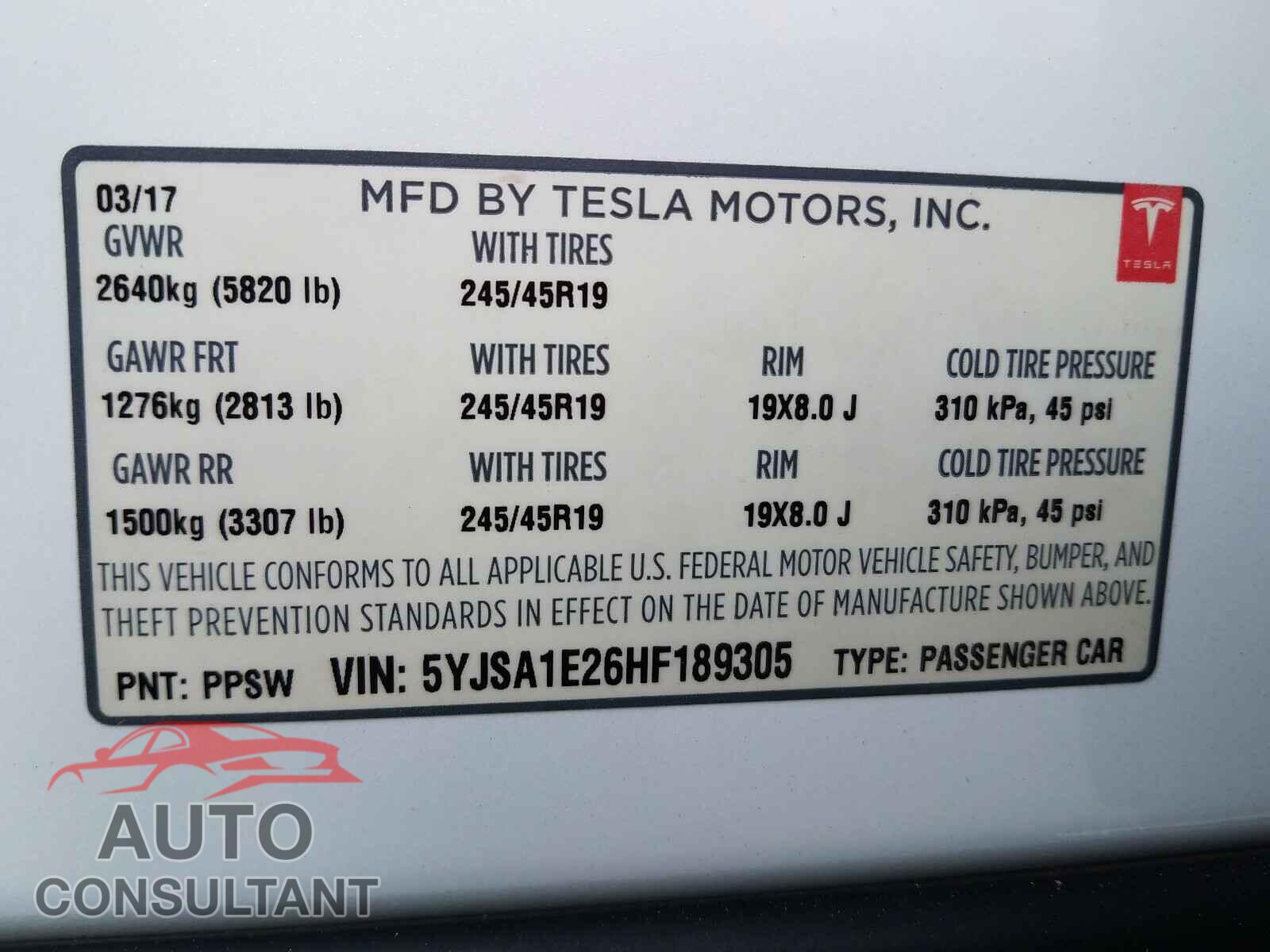 TESLA MODEL S 2017 - 5YJSA1E26HF189305
