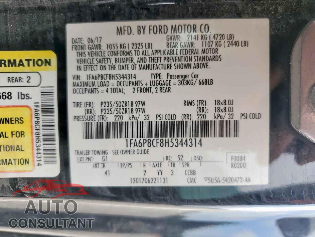 FORD MUSTANG 2017 - 1FA6P8CF8H5344314
