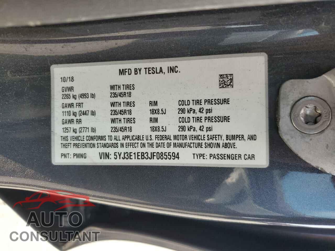 TESLA MODEL 3 2018 - 5YJ3E1EB3JF085594