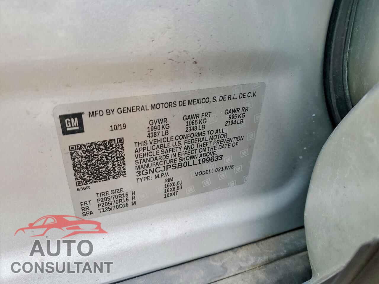 CHEVROLET TRAX 2020 - 3GNCJPSB0LL199633