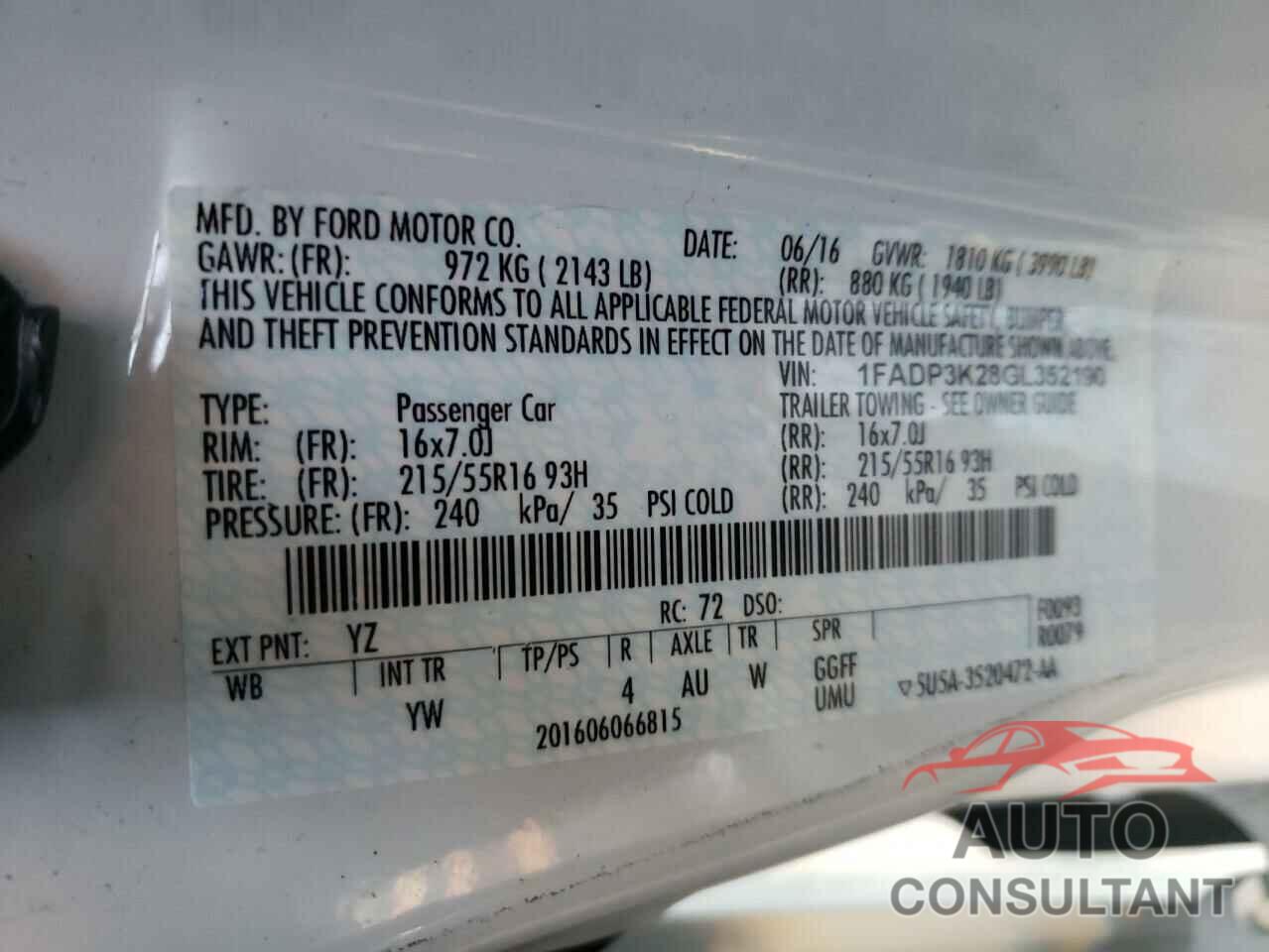 FORD FOCUS 2016 - 1FADP3K28GL352190