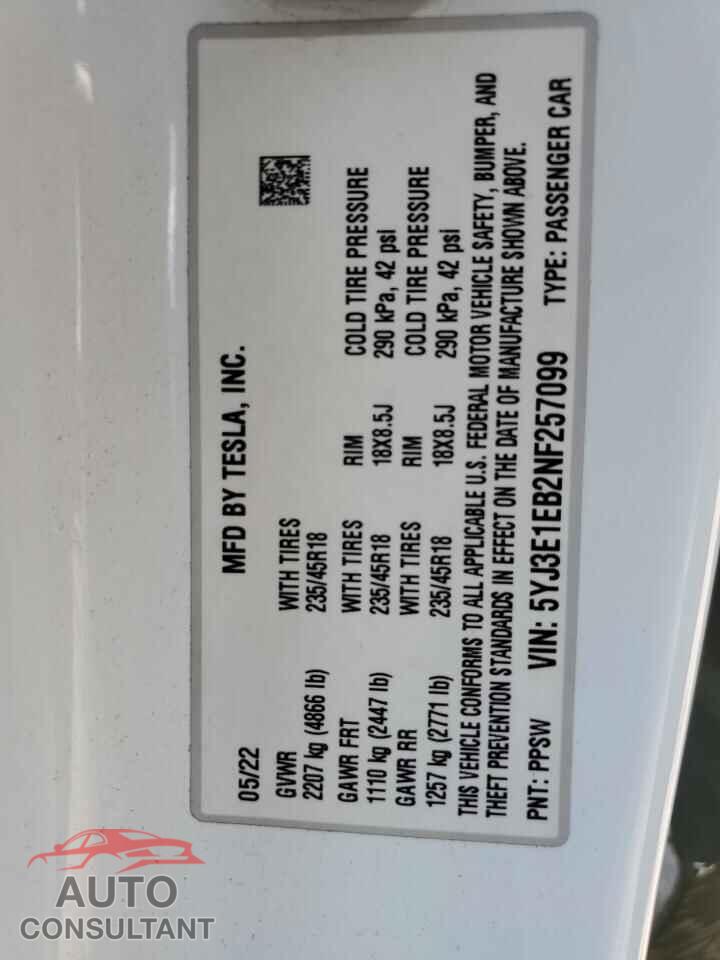 TESLA MODEL 3 2022 - 5YJ3E1EB2NF257099
