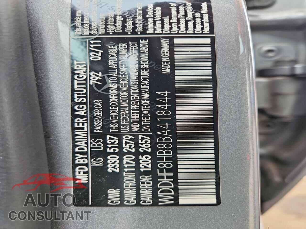 MERCEDES-BENZ E-CLASS 2011 - WDDHF8HB8BA418444