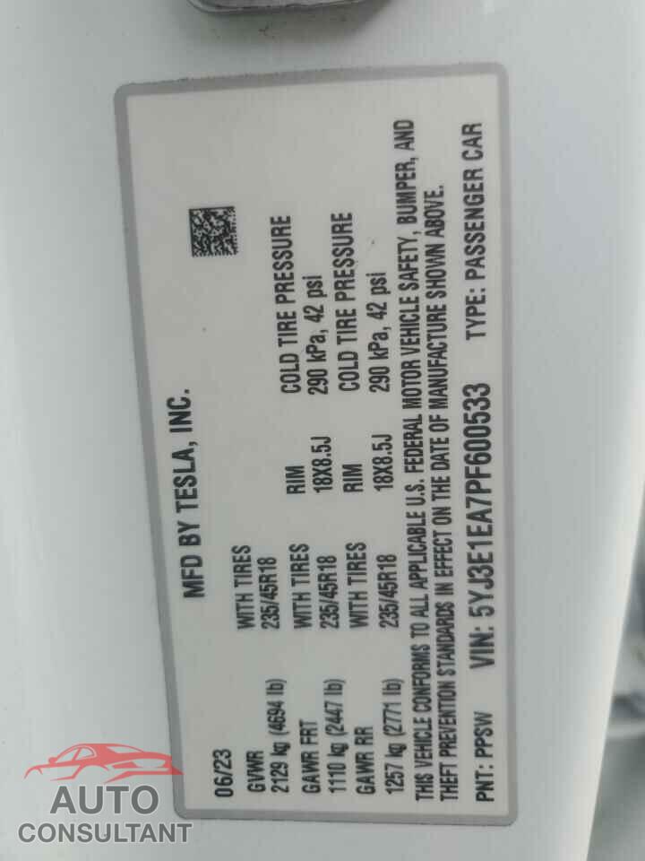 TESLA MODEL 3 2023 - 5YJ3E1EA7PF600533
