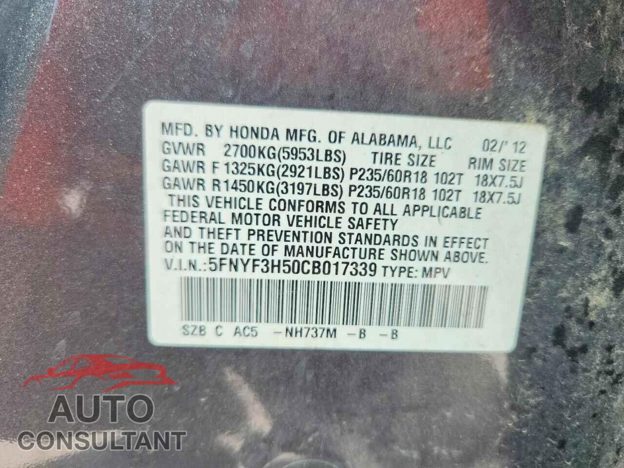 HONDA PILOT 2012 - 5FNYF3H50CB017339