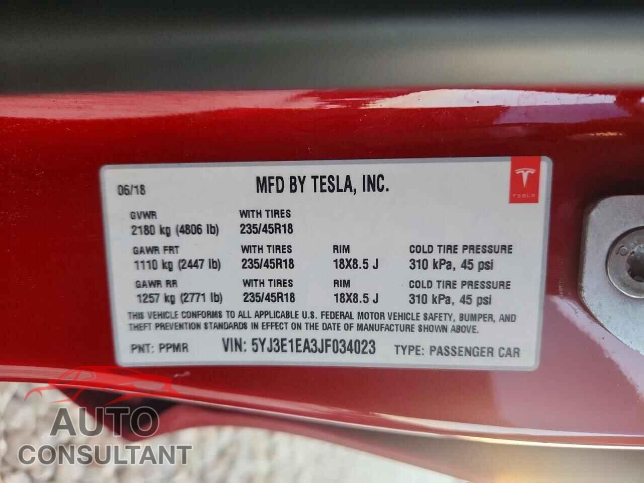 TESLA MODEL 3 2018 - 5YJ3E1EA3JF034023