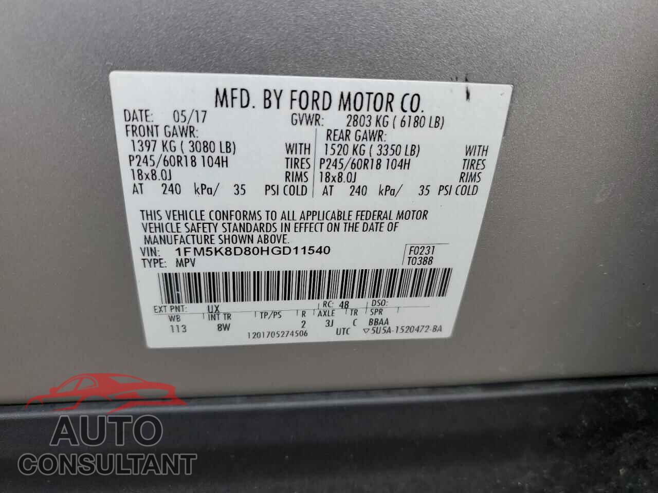 FORD EXPLORER 2017 - 1FM5K8D80HGD11540
