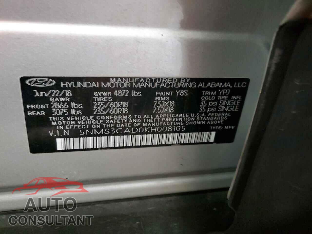 HYUNDAI SANTA FE 2019 - 5NMS3CAD0KH008105