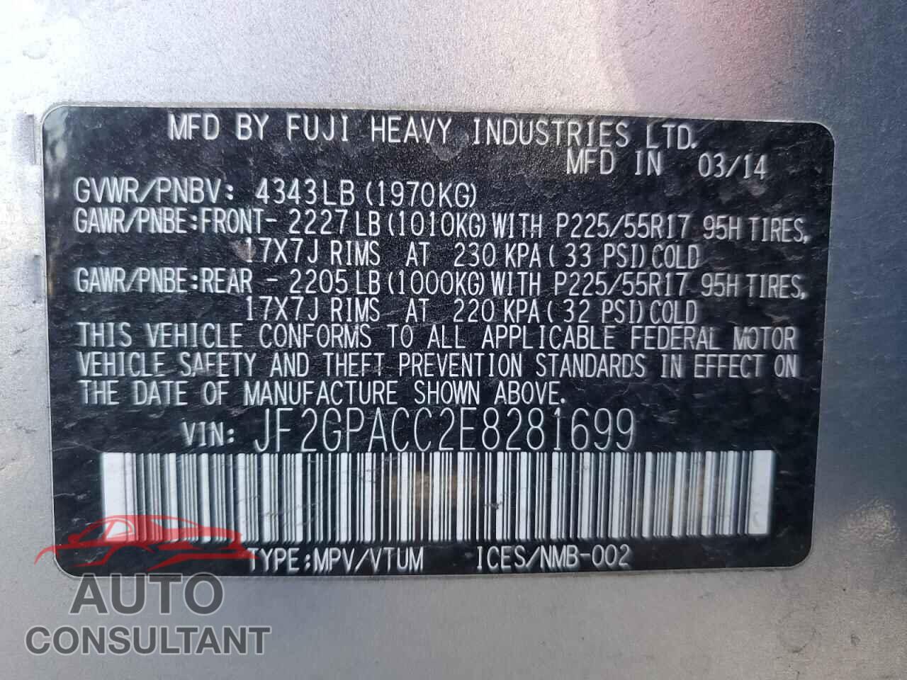 SUBARU XV 2014 - JF2GPACC2E8281699