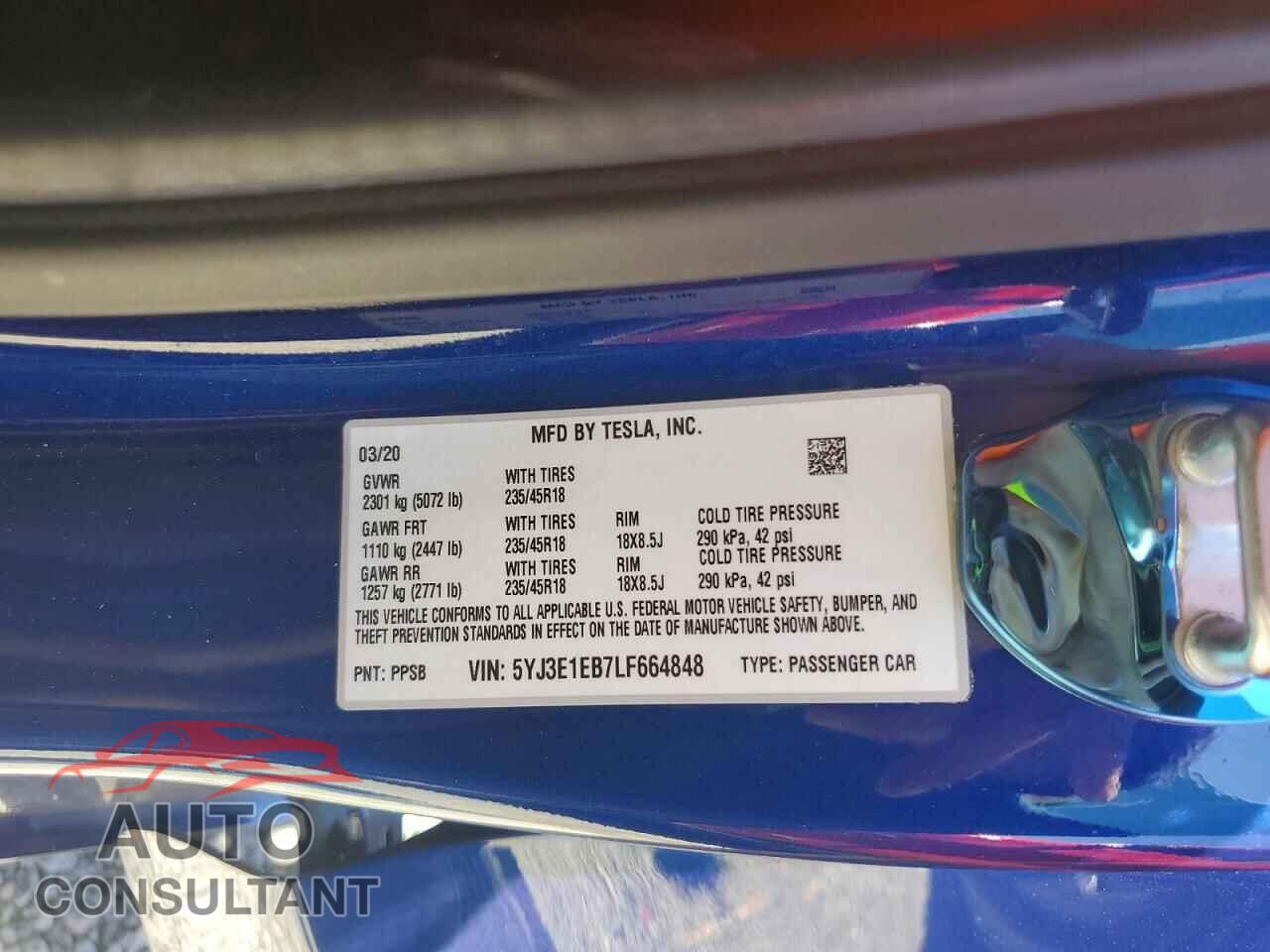 TESLA MODEL 3 2020 - 5YJ3E1EB7LF664848