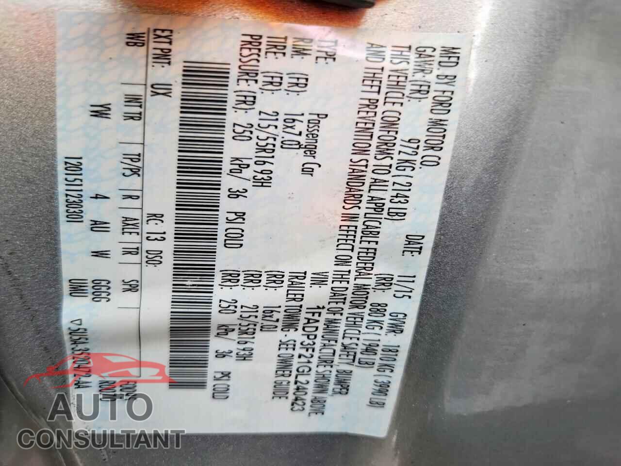 FORD FOCUS 2016 - 1FADP3F21GL240423