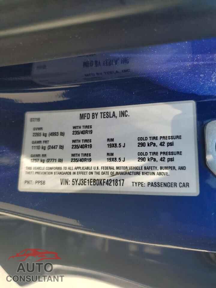 TESLA MODEL 3 2019 - 5YJ3E1EB0KF421817