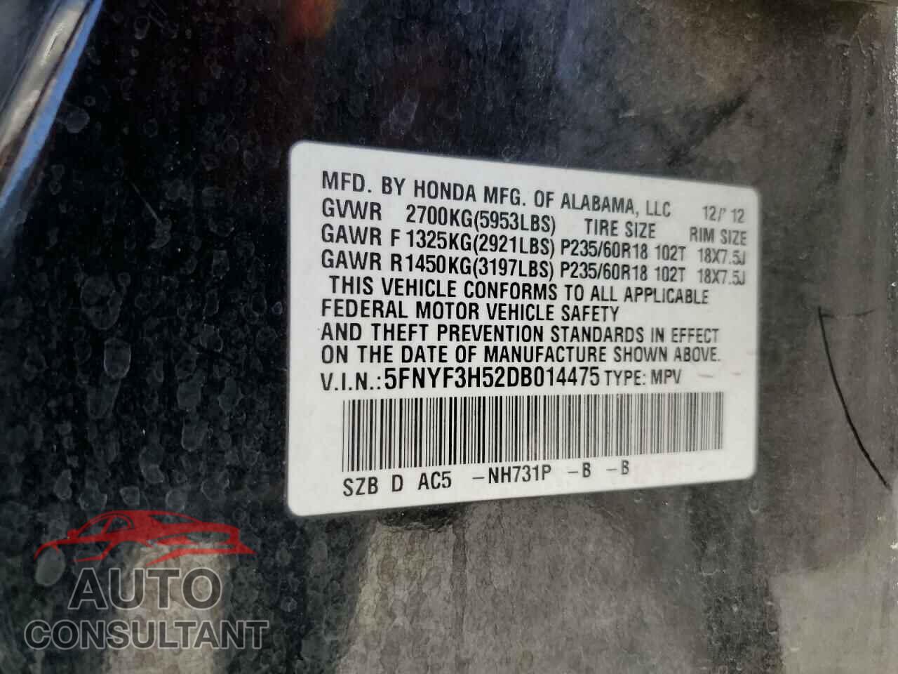 HONDA PILOT 2013 - 5FNYF3H52DB014475