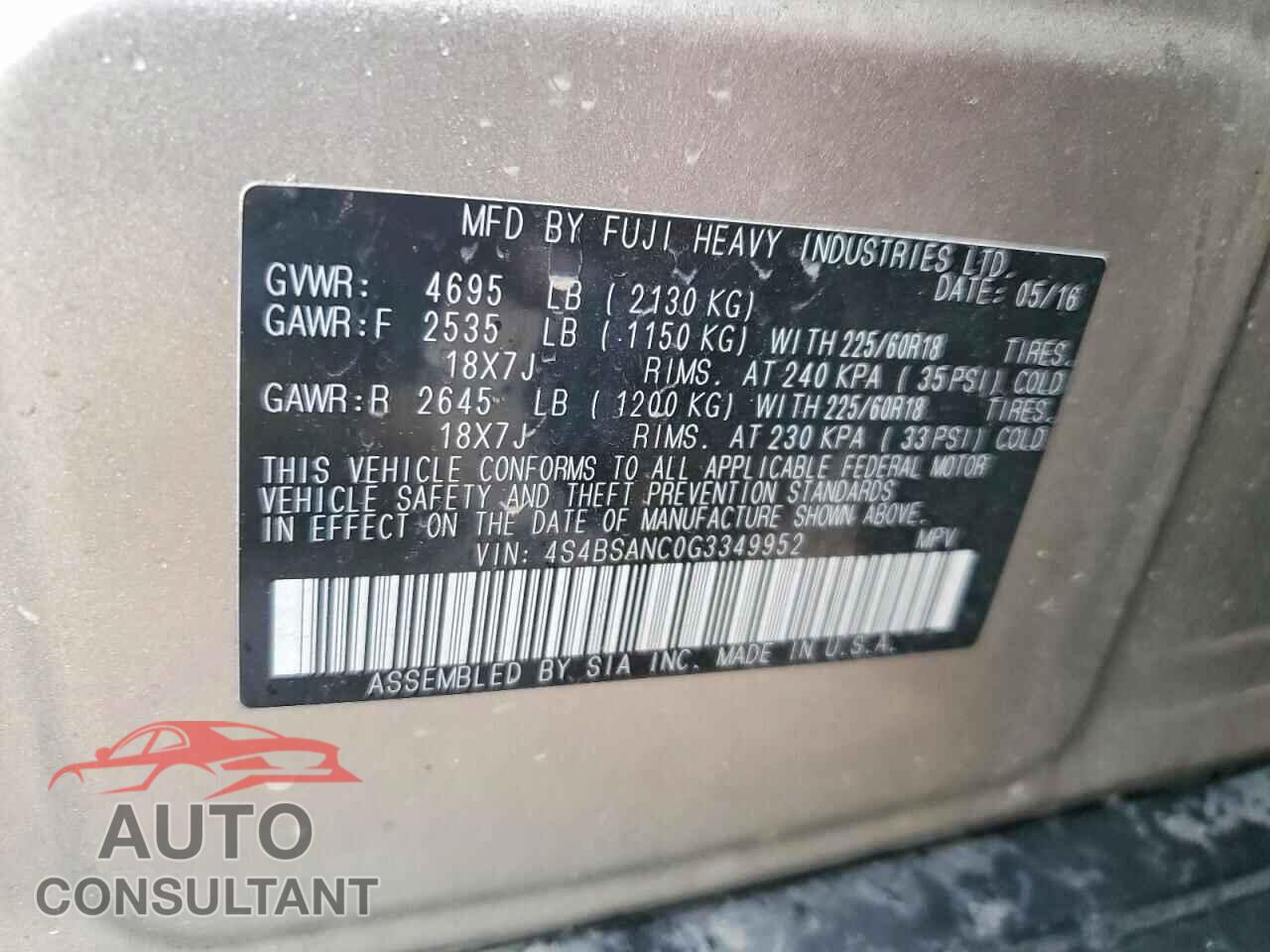 SUBARU OUTBACK 2016 - 4S4BSANC0G3349952