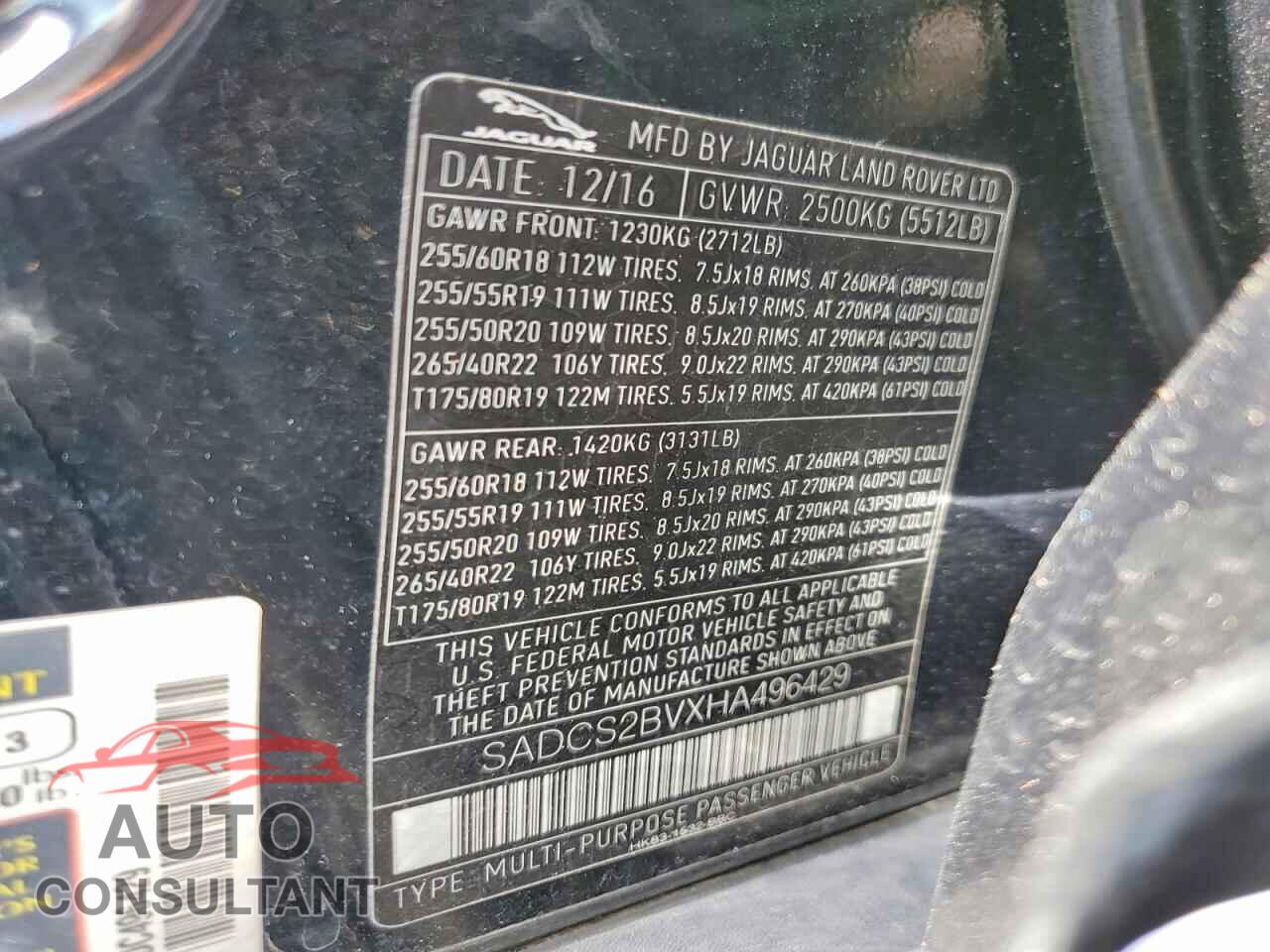 JAGUAR F-PACE 2017 - SADCS2BVXHA496429