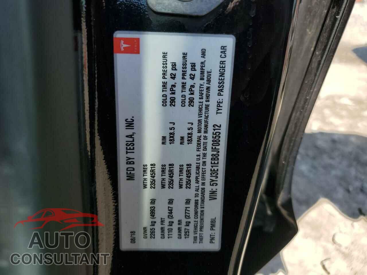 TESLA MODEL 3 2018 - 5YJ3E1EB8JF085512