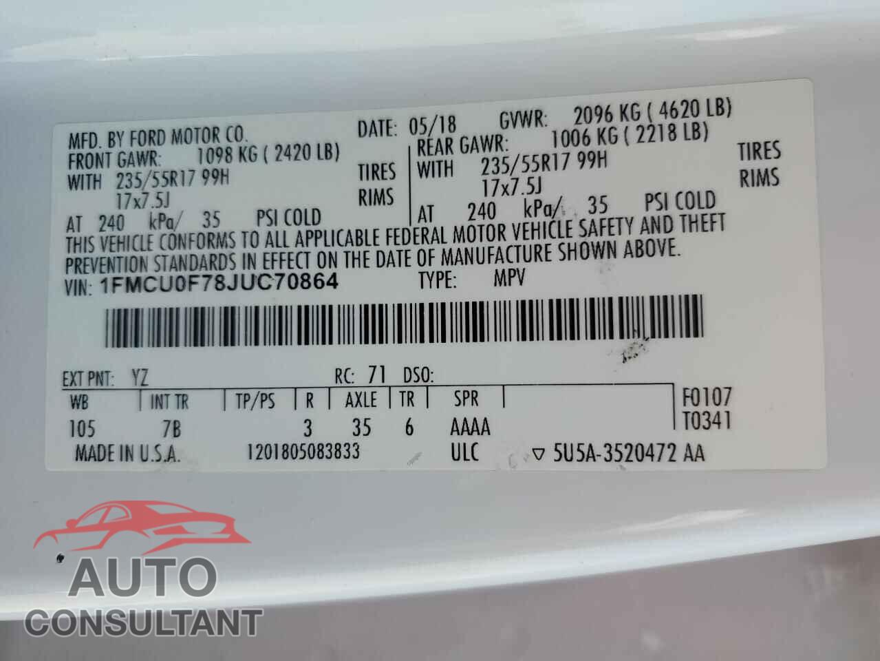 FORD ESCAPE 2018 - 1FMCU0F78JUC70864