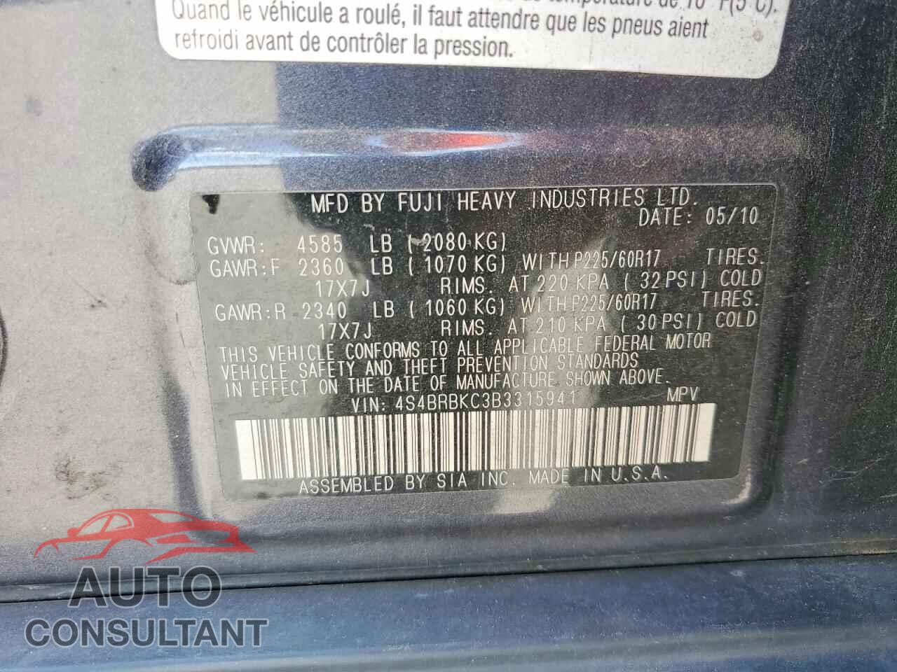 SUBARU OUTBACK 2011 - 4S4BRBKC3B3315941