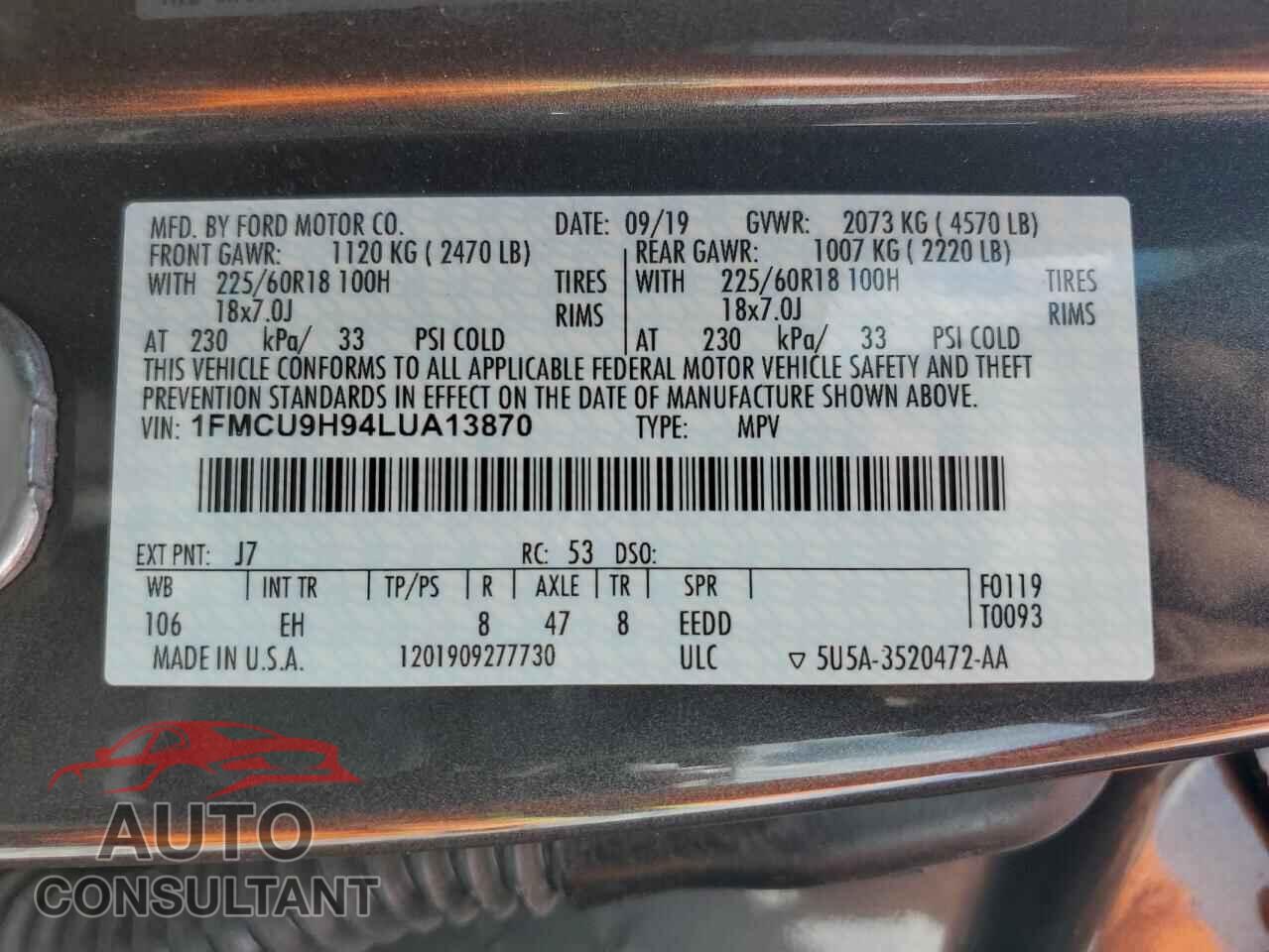 FORD ESCAPE 2020 - 1FMCU9H94LUA13870