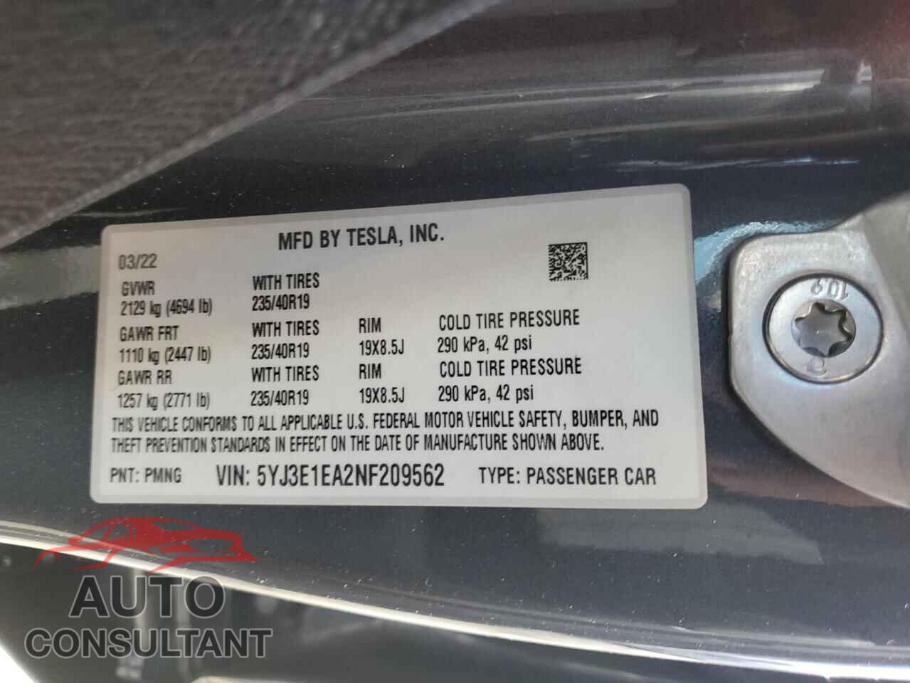 TESLA MODEL 3 2022 - 5YJ3E1EA2NF209562