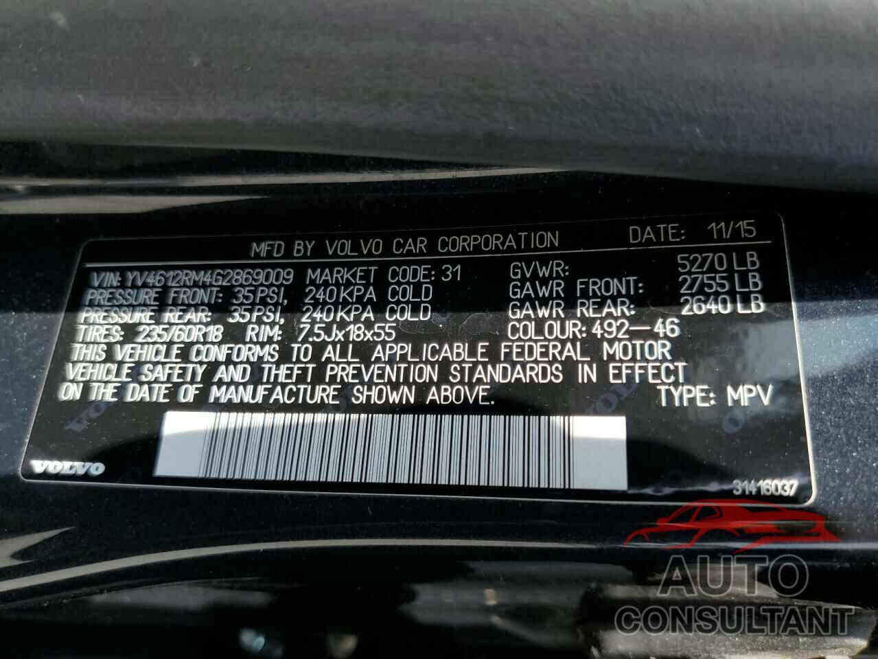 VOLVO XC60 2016 - YV4612RM4G2869009