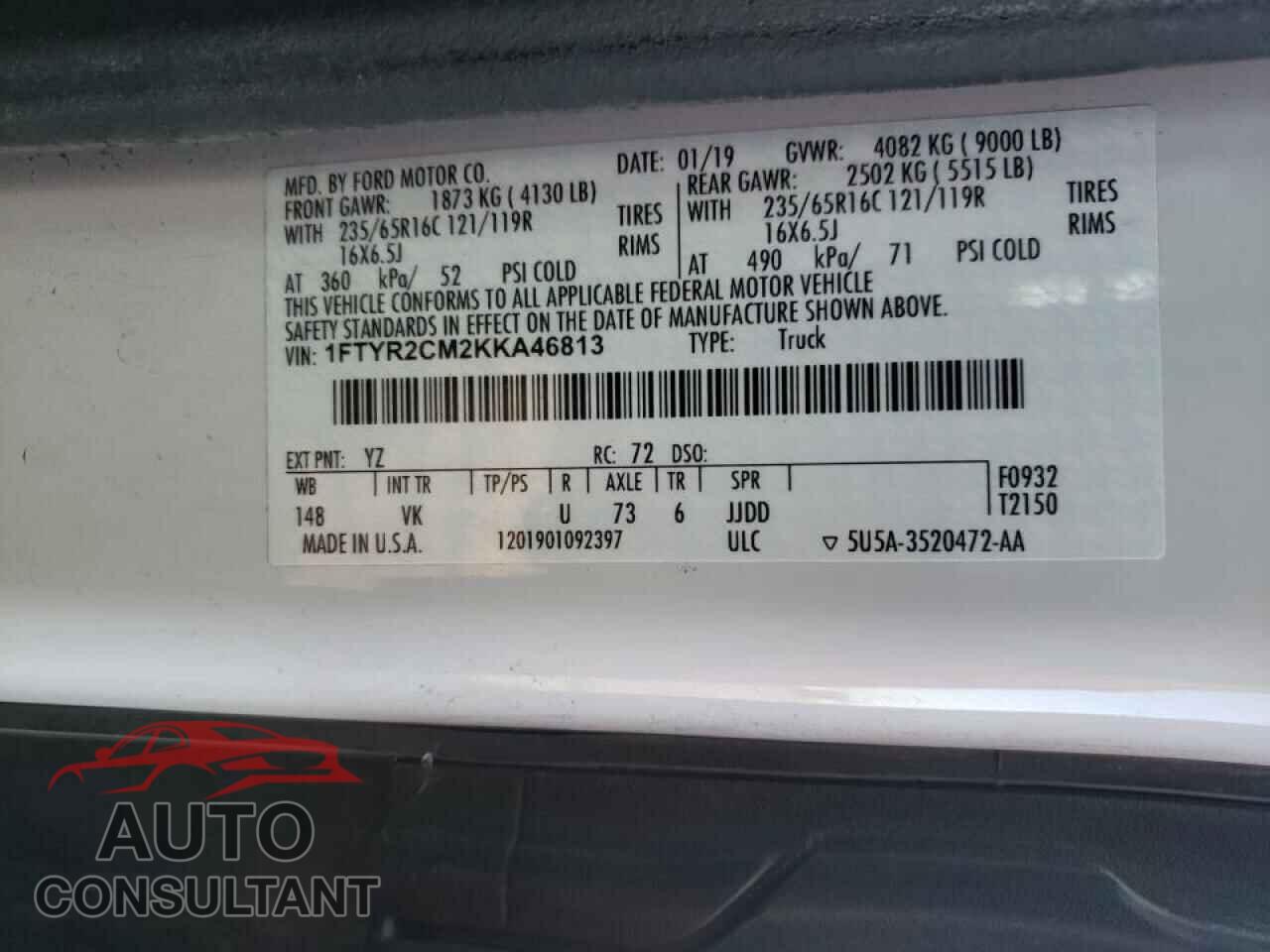 FORD TRANSIT CO 2019 - 1FTYR2CM2KKA46813