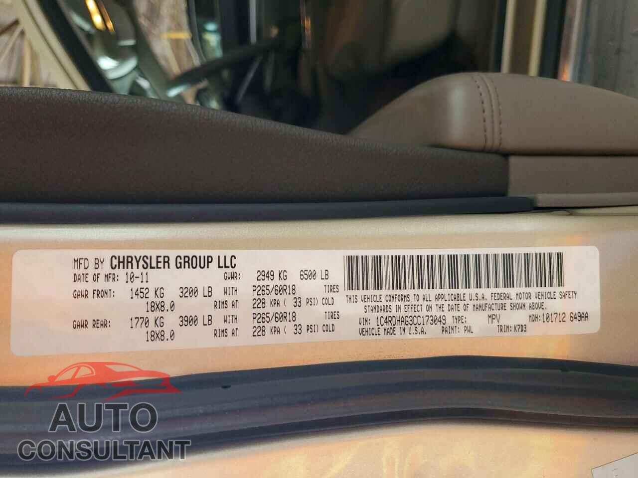 DODGE DURANGO 2012 - 1C4RDHAG3CC173049