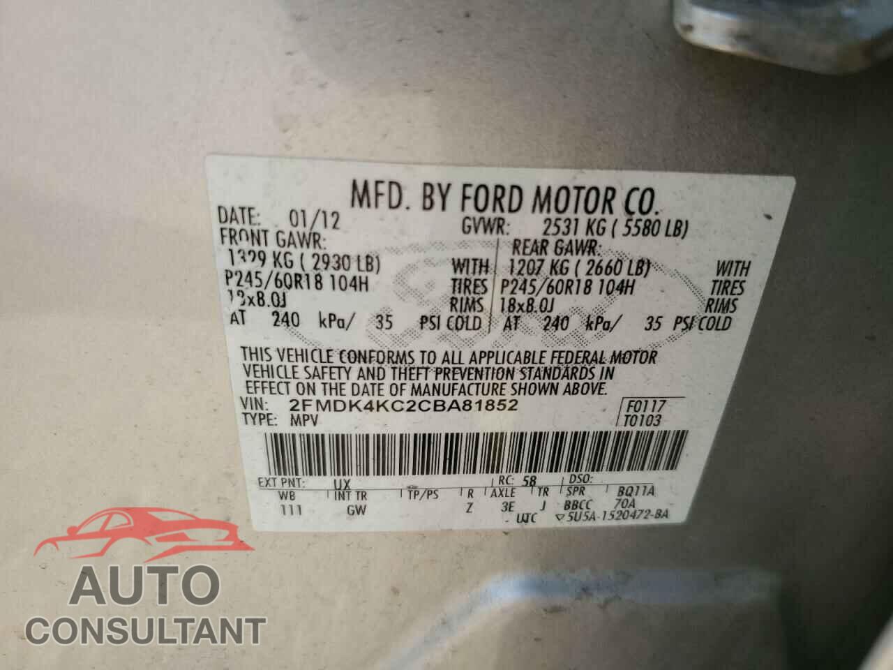 FORD EDGE 2012 - 2FMDK4KC2CBA81852