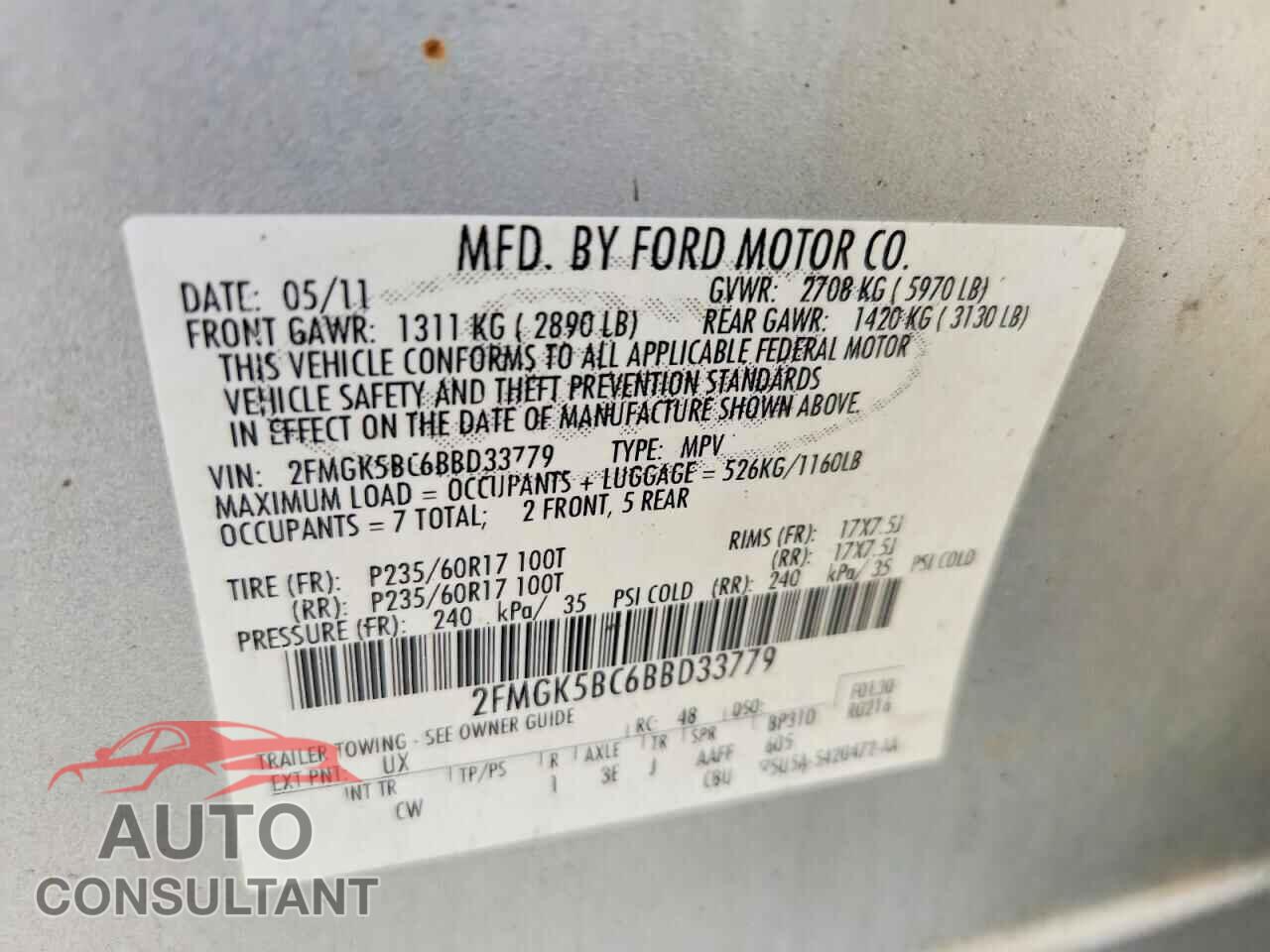 FORD FLEX 2011 - 2FMGK5BC6BBD33779